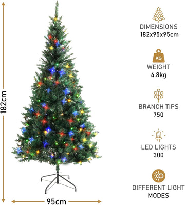Olsen & Smith 6ft Pre-Lit Christmas Tree - Artificial PVC Xmas Tree with 750 Branch Tips, 300 Multi-Coloured LED Lights, and Sturdy Metal Stand - Perfect for Holiday Home Décor